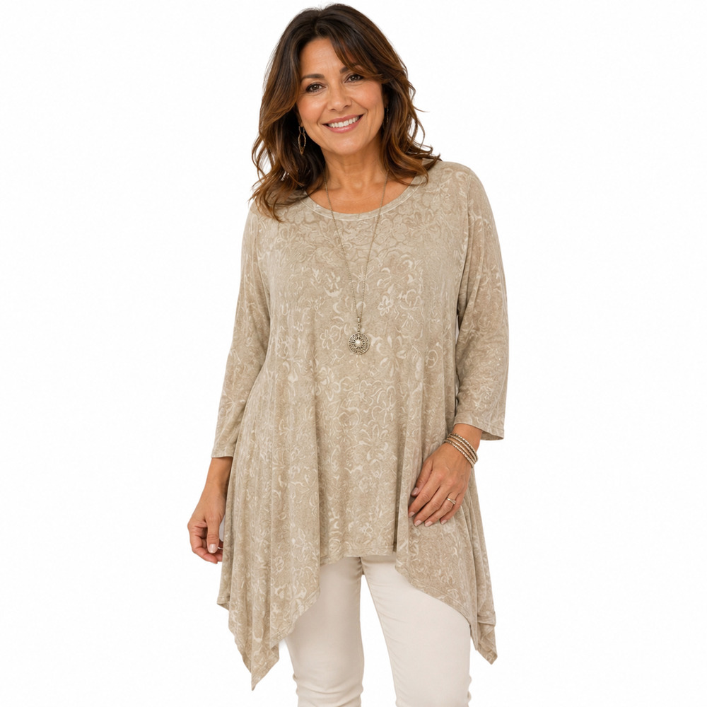 Cut Loose Womens Cream Floral Textured Long Sleeve Asymmetrical Longline Top M